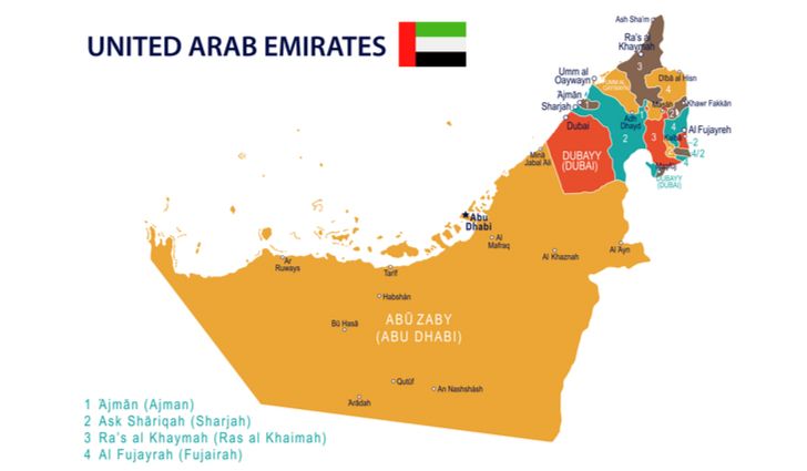 A map showing the emirates of the UAE.